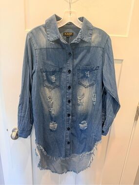KROIX Chambray Shirt Dress Medium Distressed Denim Look Good Vibes Tunic Dress